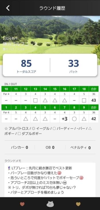 85達成時のスコアカード